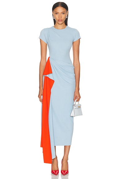 Oscar de la Renta Short Sleeve Draped Dress in Blue & Carnelian