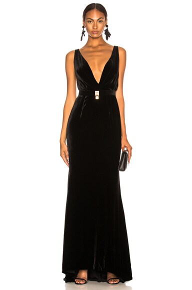 Belt Detail Plunging Velvet Gown