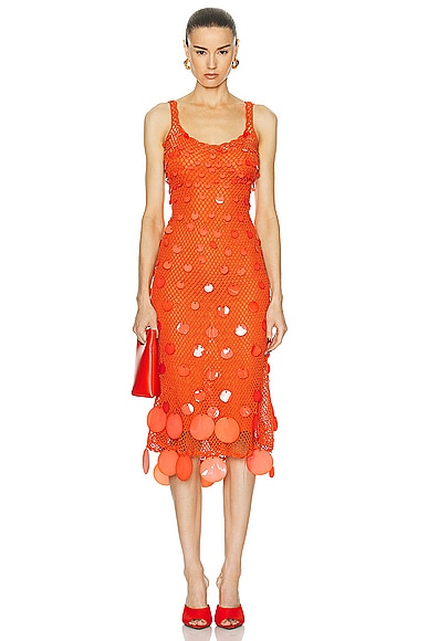 Oscar de la Renta Sequin Paillete Hand Crochet Midi Dress in Tiger Lily