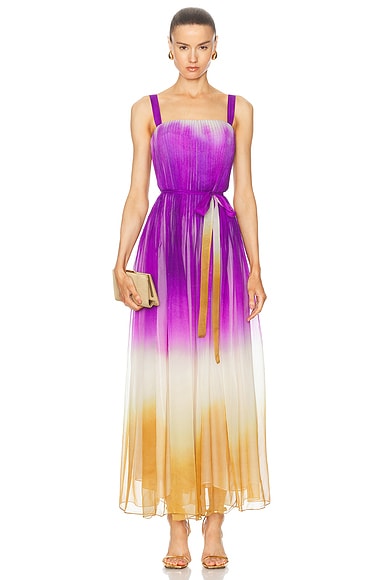 Oscar de la Renta Pintuck Detail Abstract Ombre Dress in Violet & Sepia