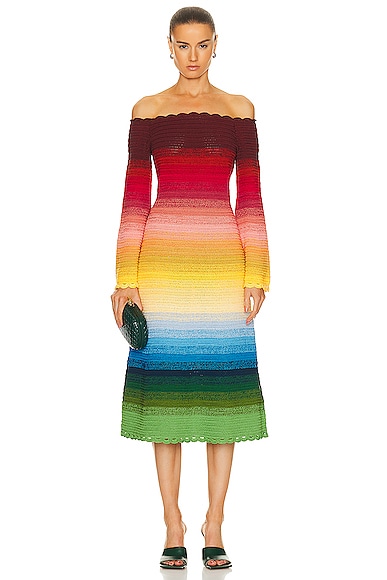 Oscar de la Renta Off Shoulder Rainbow Ombre Crochet Knit Dress in Rainbow