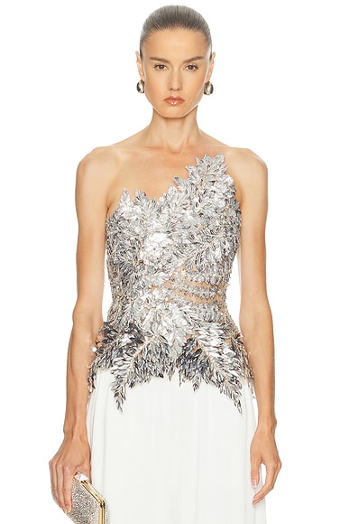 Oscar de la Renta Strapless Fern Embroidered Top in Silver