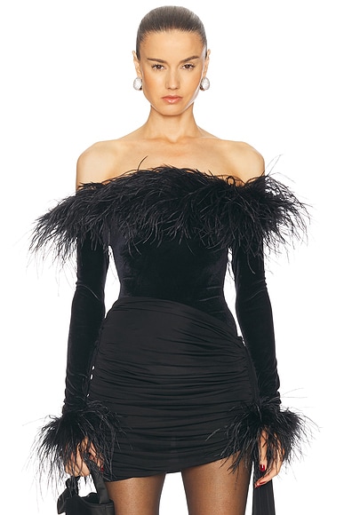 Oseree Velvet Plumage Bodysuit in Black