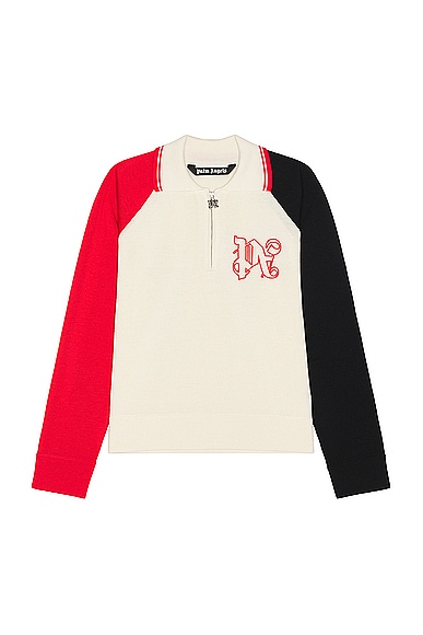 Palm Angels X Formula 1 Racing Knit Polo Zip Sweater in White, Red, & Black