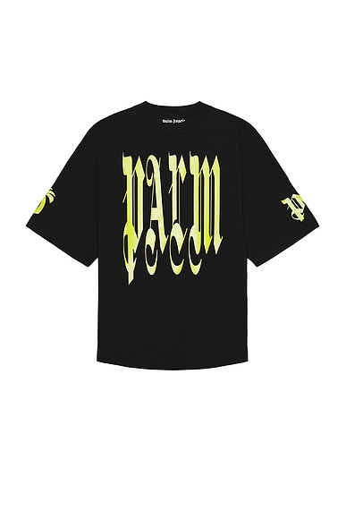 Palm Angels Back Gothic Palm Over Tee in Black & Lime