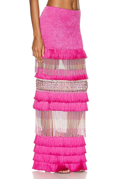 Shop Patbo Hand Beaded Fringe Maxi Skirt In Pop Pink