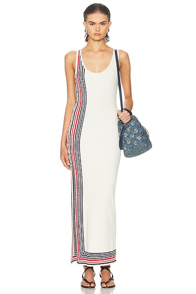 RABANNE Sleeveless Long Dress in Red & Navy Stripes
