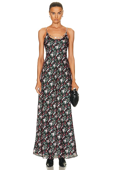 Rabanne Floral-print Chain-link Maxi Dress In Brown