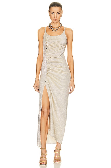 Paco Rabanne Scoop-neck Ruched Stretch-woven Maxi Dress In Sliver/gold