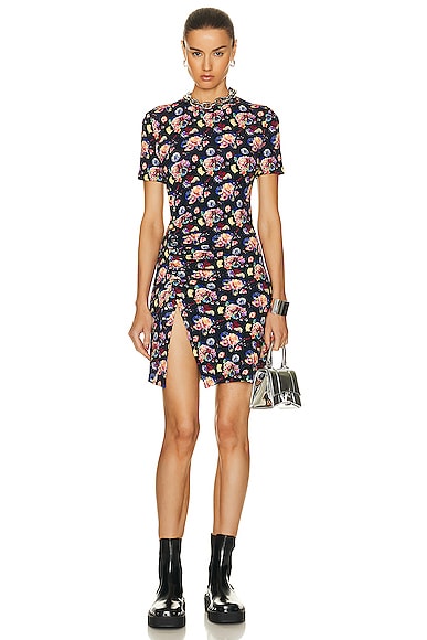Rabanne Asymmetric Ruched Floral-print Stretch-jersey Mini Dress In Mini Navy Neon Flowers