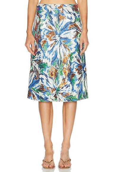 RABANNE Sequin Midi Skirt in Abstract Flowers Blue & Orange
