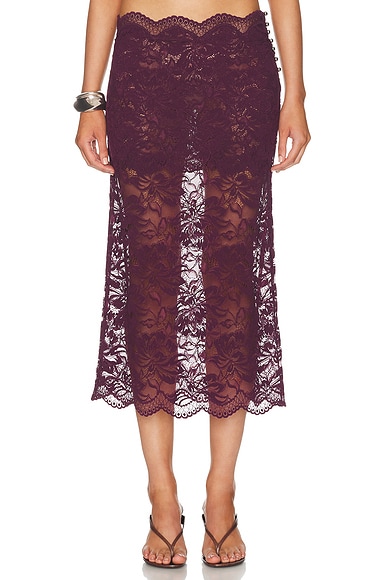RABANNE Lace Midi Skirt in Magenta Purple