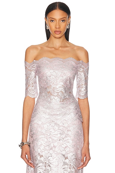 RABANNE Off Shoulder Lace Top in Powder Pink & Silver