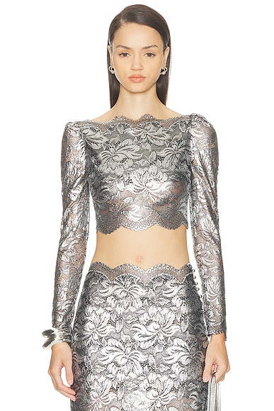 RABANNE Lace Cropped Top in Black & Silver