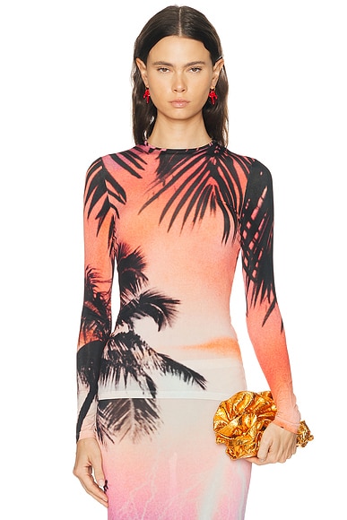 RABANNE Palm Long Sleeve Tee in Big Lightening Orange & Pink