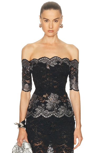 RABANNE Studded Lace Boatneck Top in Black