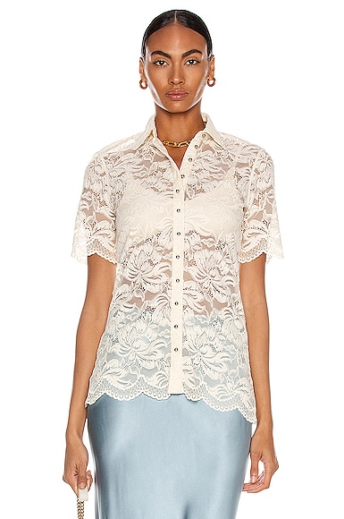 Paco Rabanne Short Sleeve Lace Shirt In Ivory