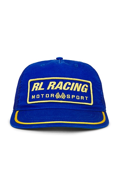 Polo Ralph Lauren Polyester Knit Vintage RL Racing Trucker Hat in Heritage Blue