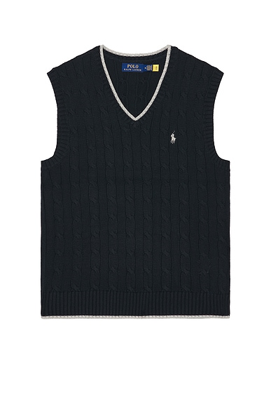 Polo Ralph Lauren Cotton Tipped Cable V-Neck Sweater Vest in Hunter Navy