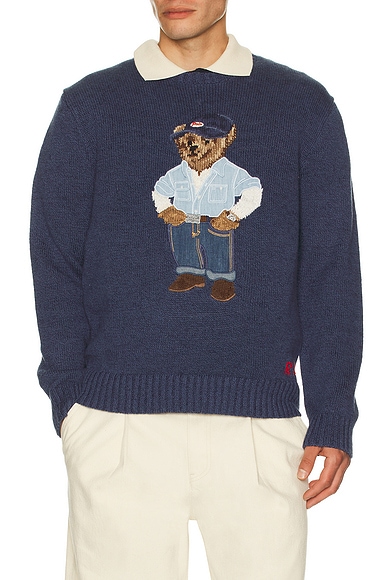 Polo Ralph Lauren Long Sleeve Cotton Linen Novelty Denim Bear Crewneck Sweater in Light Navy