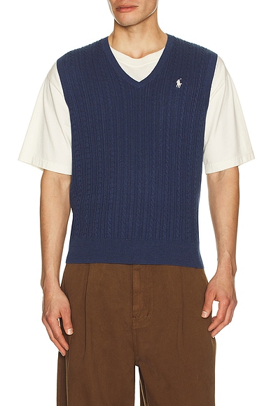 Polo Ralph Lauren Sleeveless Featherweight Cable Knit V-Neck Sweater Vest in Rustic Navy Heather