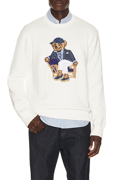 Polo Ralph Lauren Linen Cotton Novelty Newport Bear Crewneck Sweater in Deckwash White
