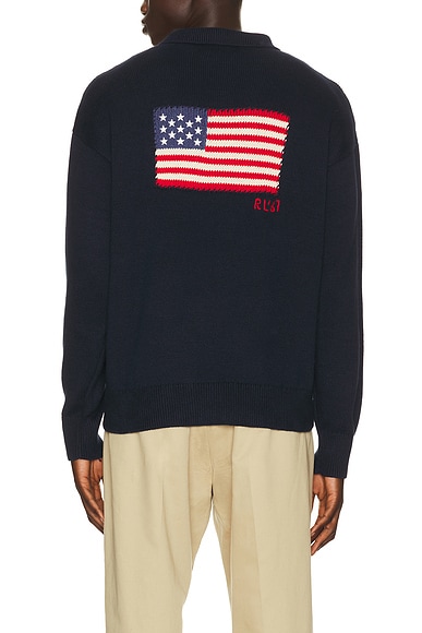 Cotton Blend Novelty Flag 4-Button Placket Pullover Sweater