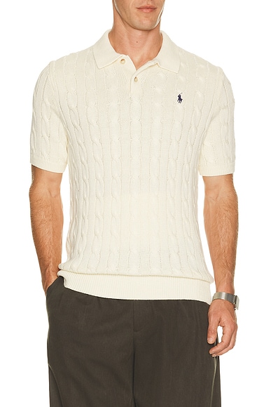 Short Sleeve Cotton Cable Knit Polo Sweater