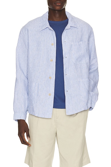 Polo Ralph Lauren Slubby Linen Striped Chore Overshirt in Cabana Blue White