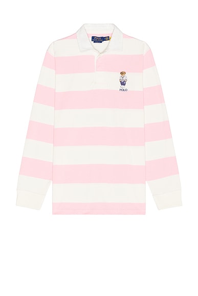 Polo Ralph Lauren Heritage Icon Bear Rugby Shirt in Pink & White