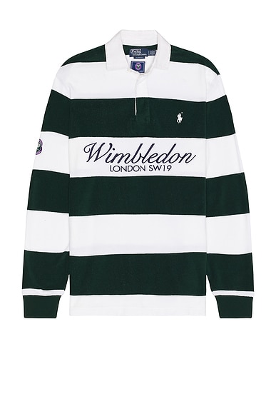 Polo Ralph Lauren Wimbledon Terry Graphic Rugby Shirt in Moss Agate & White