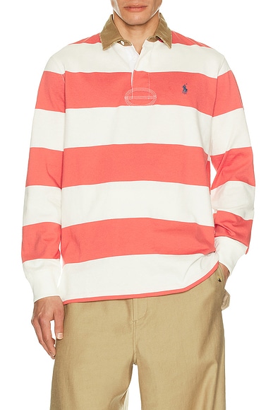 Polo Ralph Lauren Long Sleeve Collared Rugby Shirt in Red Sky & Trophy Cream