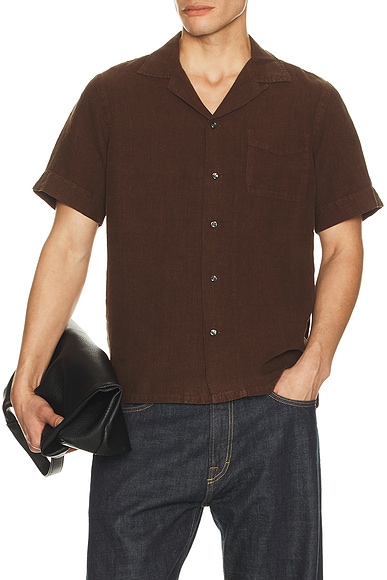 Short Sleeve Garment Dyed Linen Sport Shirt in Dark Beech