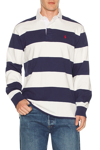 Polo Ralph Lauren Long Sleeve Heavyweight Rugby Shirt in Dark Cobalt & Deckwash White