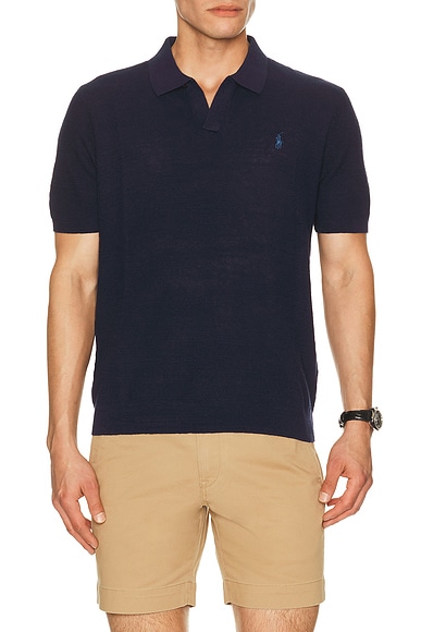 Polo Ralph Lauren Short Sleeve Textured Johnny Collar Polo Sweater in Bright Navy & Deckwash White