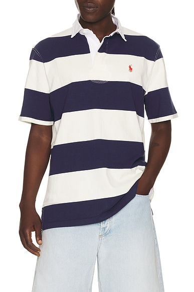 Polo Ralph Lauren Short Sleeve Jersey Knit Iconic Rugby Polo Stripe in Dark Cobalt Deckwash White