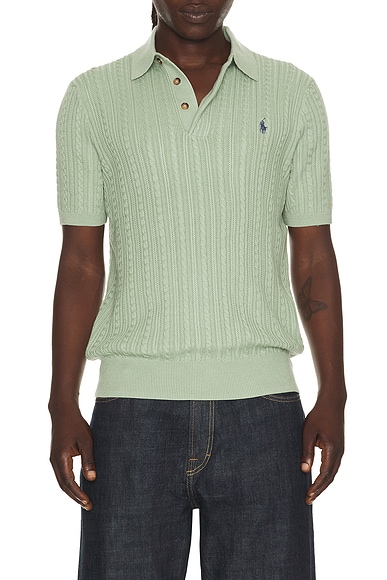 Polo Ralph Lauren Short Sleeve Featherweight Cable Knit 3-button Placket Polo Sweater in Light Green