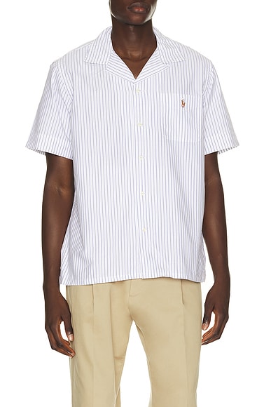 Polo Ralph Lauren Short Sleeve Lightweight Oxford Andy Stripe Camp Shirt in White Royal