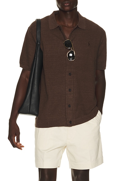 Short Sleeve Cotton Blend Textured Cardigan Sweater With Collar