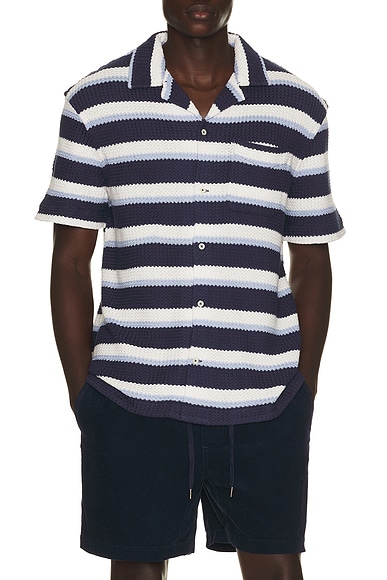 Polo Ralph Lauren Short Sleeve Yarn Dyed Textured Herringbone Andy Camp Striped Shirt in Newport Navy Multi