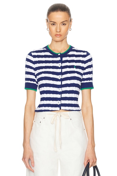Polo Ralph Lauren Short Sleeve Striped Cardigan in Blue Yacht & White