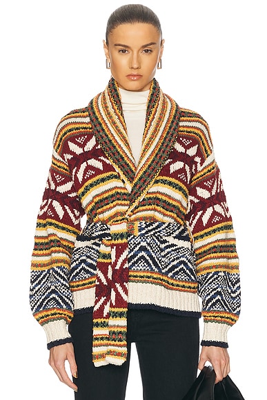 Polo Ralph Lauren Multi-pattern Shawl Cardigan in Tan & Blue Multi