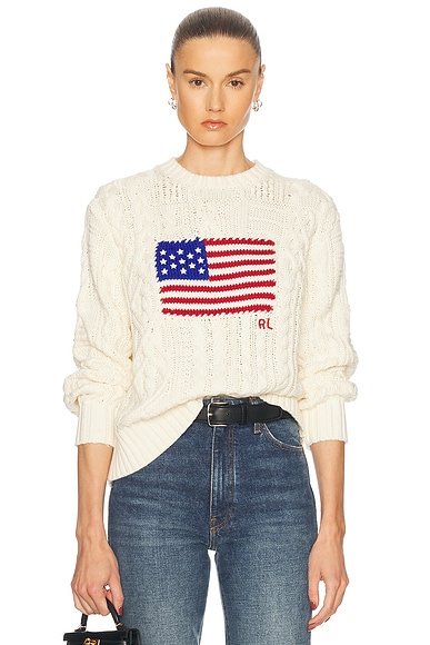 Polo Ralph Lauren Aran-knit Flag Cotton Sweater in Cream