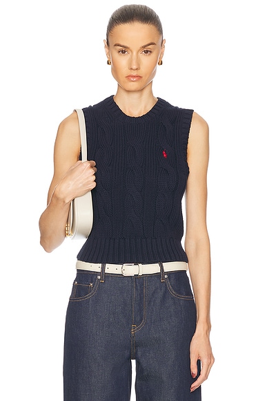 Cable-knit Cotton Cropped Vest in Hunter Navy