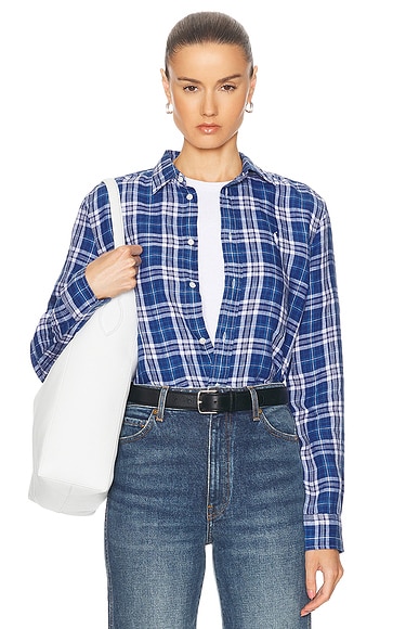 Polo Ralph Lauren Long Sleeve Button Up Plaid Top in Blue, Navy, & White