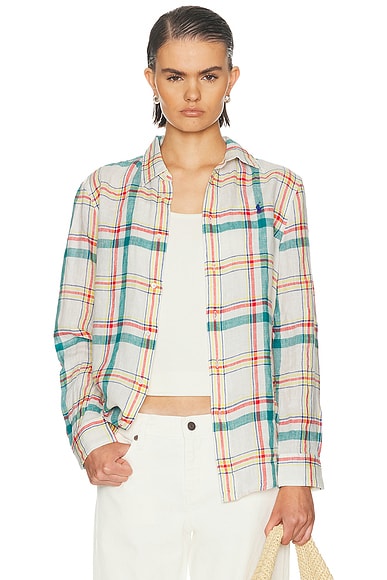 Polo Ralph Lauren Linen Classic Long Sleeve Shirt in White, Teal, & Red Multi