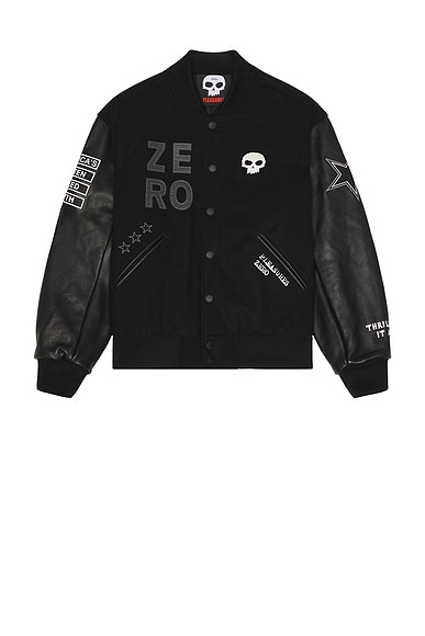 Pleasures x Zero Skateboards Varsity Jacket in Black