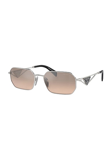 Prada Geometric Steel Rectangle Sunglasses In Silver & Mirror Light Brown