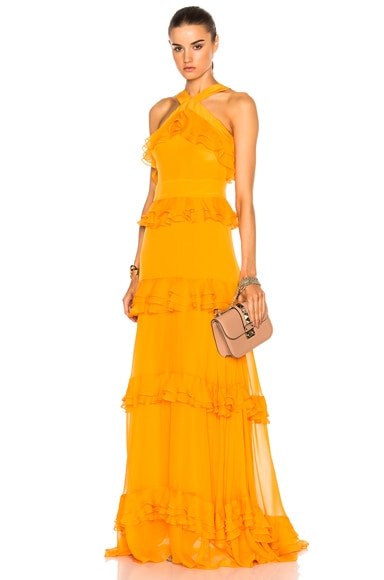 Crepe De Chine Tiered Ruffle Gown