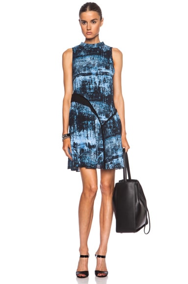 Proenza Schouler Tiered Silk Dress in Aqua & Black Spray Print | FWRD